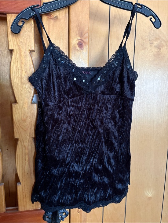 Takara Tops - Black Velvet like Lace-Trim Camisole with Sequins